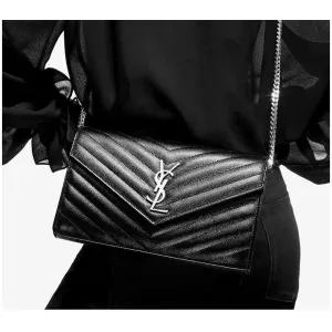 【2026】SAINT LAURENT YSL サンローランレディースミニレターロゴグレインテクスチャーエンボスレザーチェーンウォレット