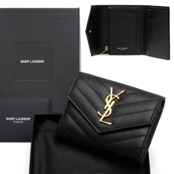 【2026】SAINT LAURENT YSL モノグラム コンパクト スリーフォールド ウォレット（ブラック／テクスチャードキルティングレザー）12.5*10*2.5cm