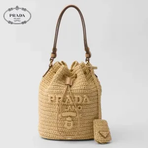 PRADA プラダ◆ラフィア×レザー ミニバケットバッグ ストラップ付 15*19*10CM 240920 PRADA プラダ◆ラフィア×レザー ミニバケットバッグ ストラップ付 15*19*10CM 240920