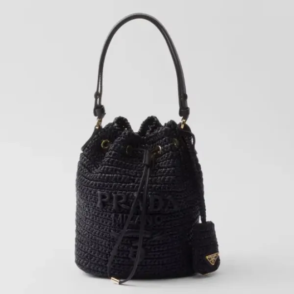 PRADA プラダ◆ラフィア×レザー ミニバケットバッグ ストラップ付 15*19*10CM 240920 PRADA プラダ◆ラフィア×レザー ミニバケットバッグ ストラップ付 15*19*10CM 240920