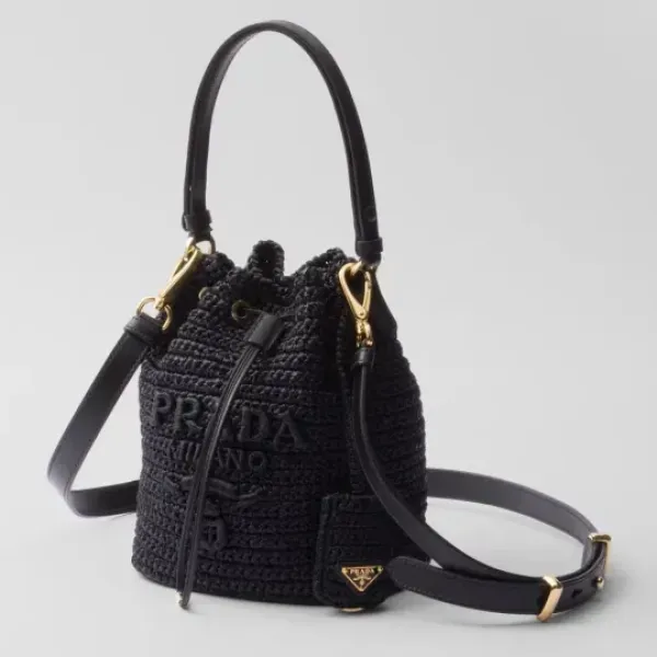 PRADA プラダ◆ラフィア×レザー ミニバケットバッグ ストラップ付 15*19*10CM 240920 PRADA プラダ◆ラフィア×レザー ミニバケットバッグ ストラップ付 15*19*10CM 240920